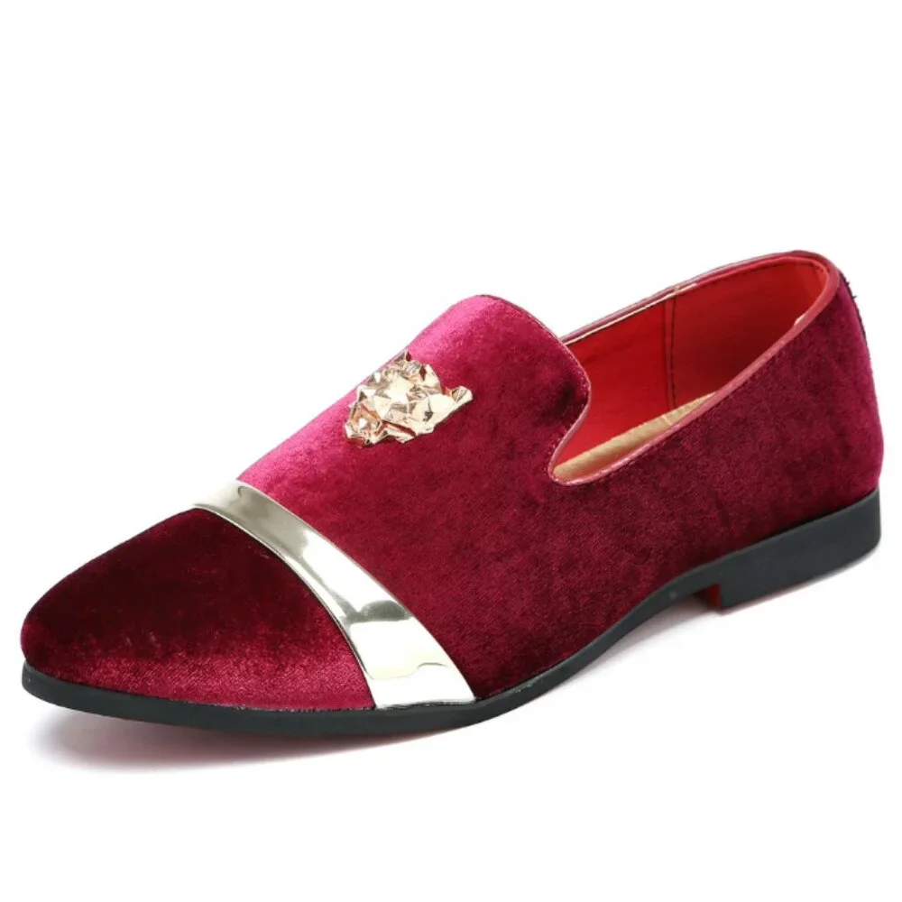 Santimon Mens Red US 6.5, 8 Velvet Loafers Golden Animal Buckle Slip-On Formal D